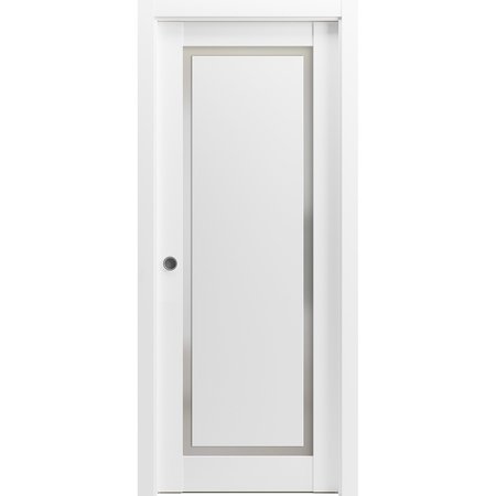 SARTODOORS Sliding French Pocket Door 36 x 80in W/, Painted White W/ Frosted Glass, Kit Trims Rail Hardware PLANUM0888PD-BEM-36